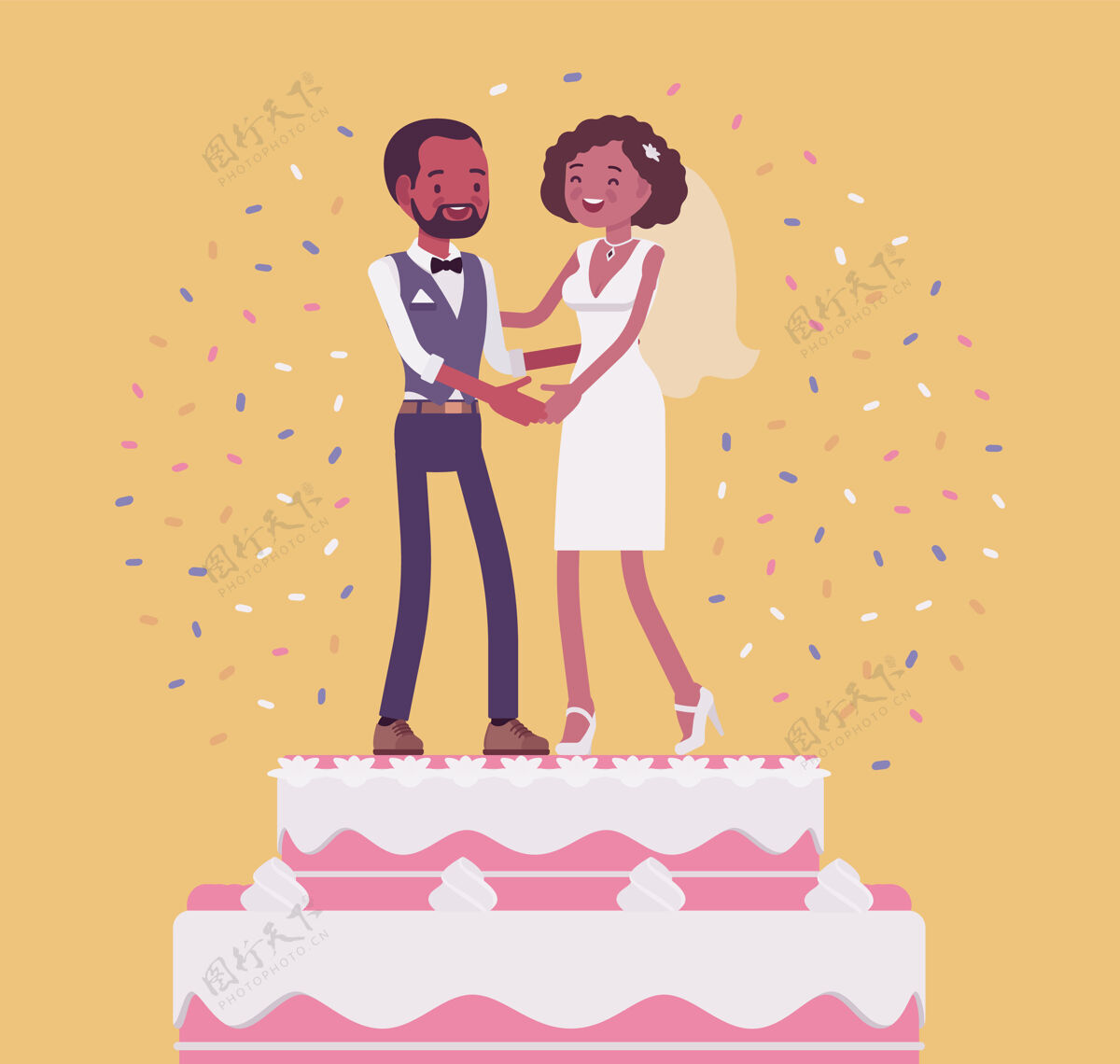 新郎婚礼丰富的冰蛋糕与新娘和新郎的顶部丈夫美丽卡通