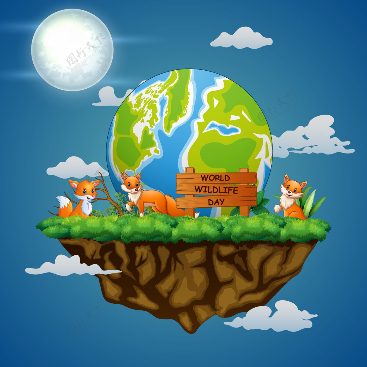 星球世界野生动物日标志与三只狐狸在夜间景观卡通野生动物日热带