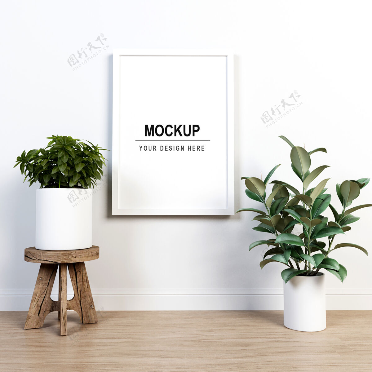框架白色相框和植物模型在三维渲染设计优雅装饰海报
