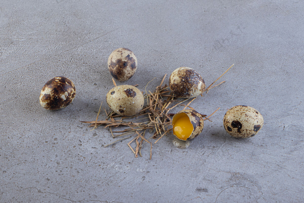生的生鹌鹑蛋放在石桌上生的鹌鹑新鲜