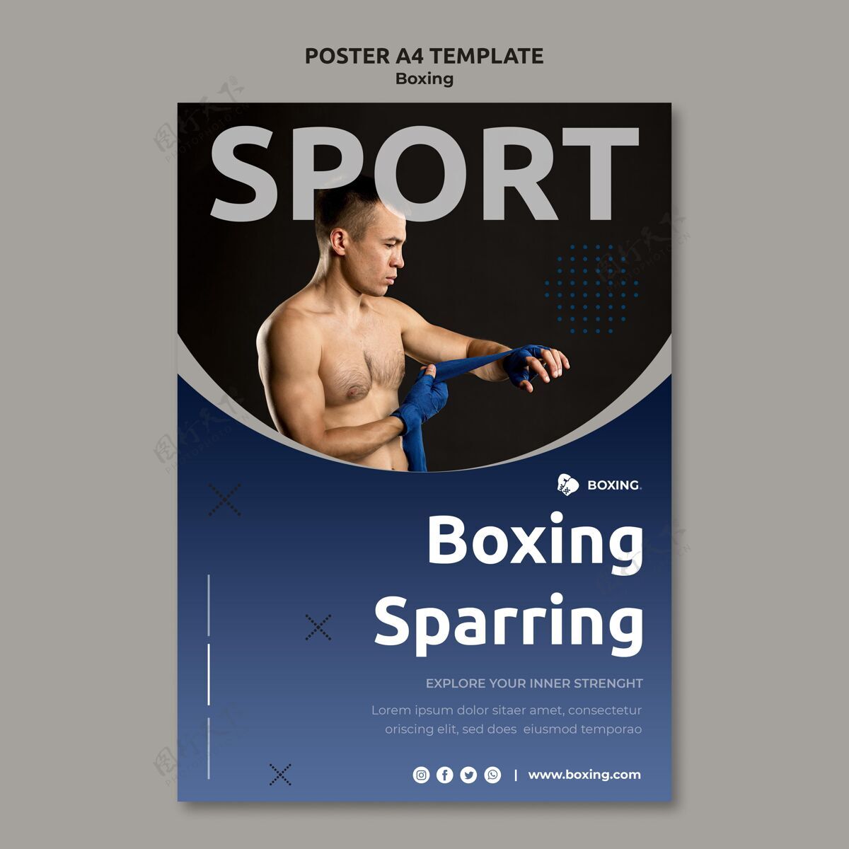 运动垂直海报模板与男子拳击手拳击运动爱好印刷模板海报