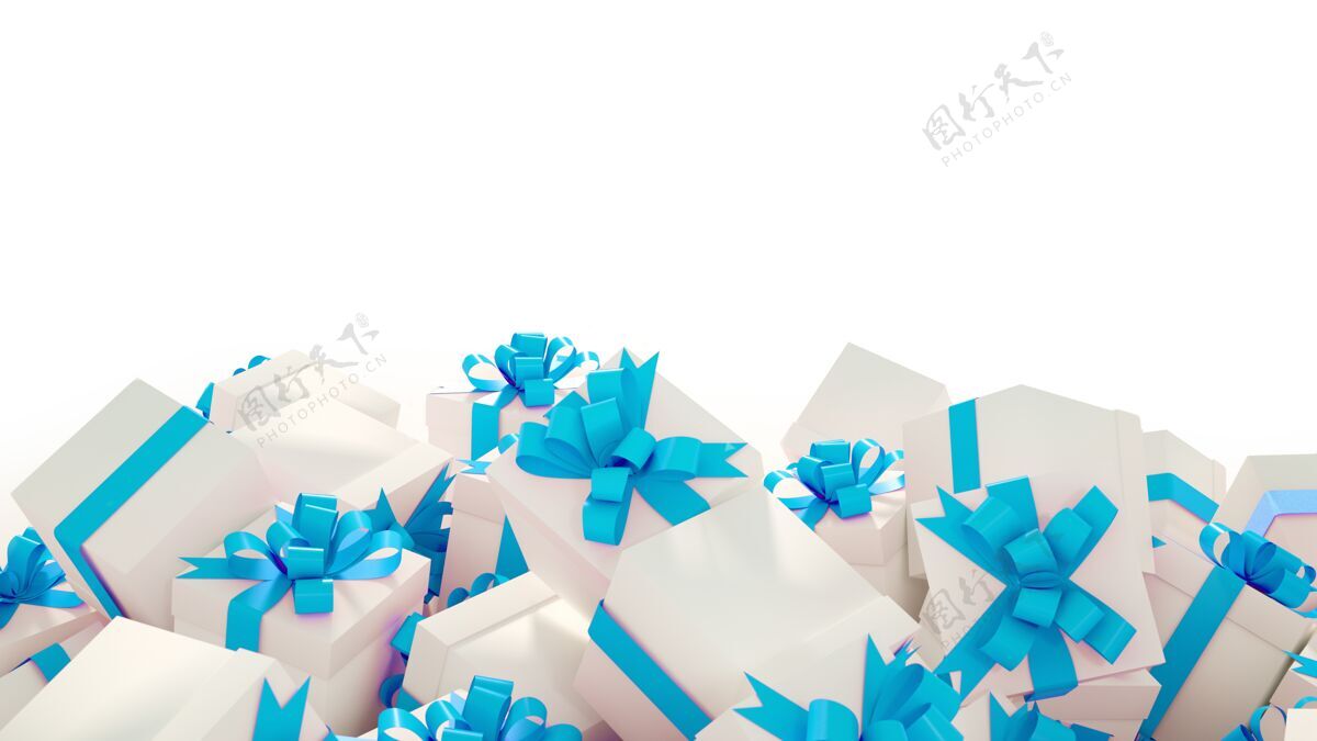 礼物一堆白色的礼品盒与蓝色丝带上白色的背景文字复制空间惊喜包装圣诞节