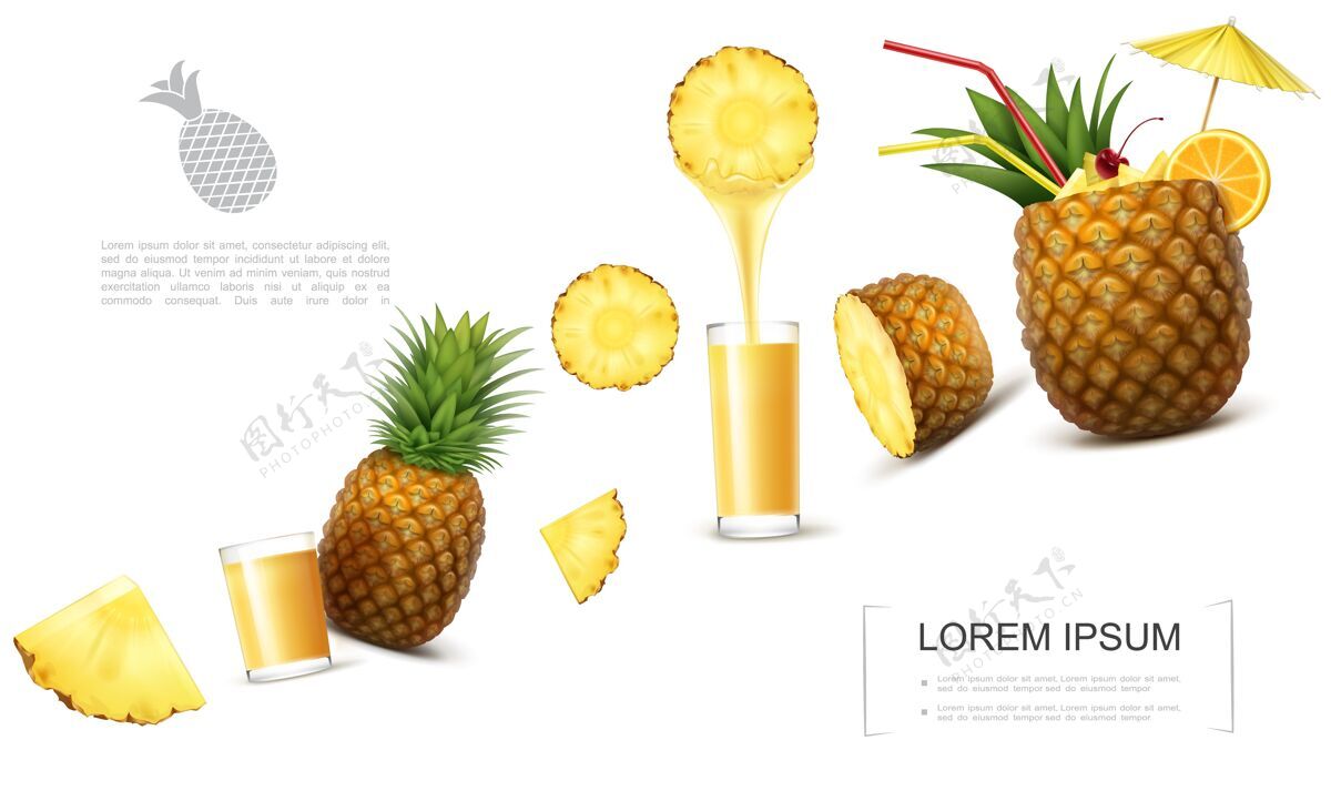 果汁逼真的新鲜菠萝模板与热带水果片杯天然果汁菠萝鸡尾酒装饰伞和橙子片一半雨伞菠萝