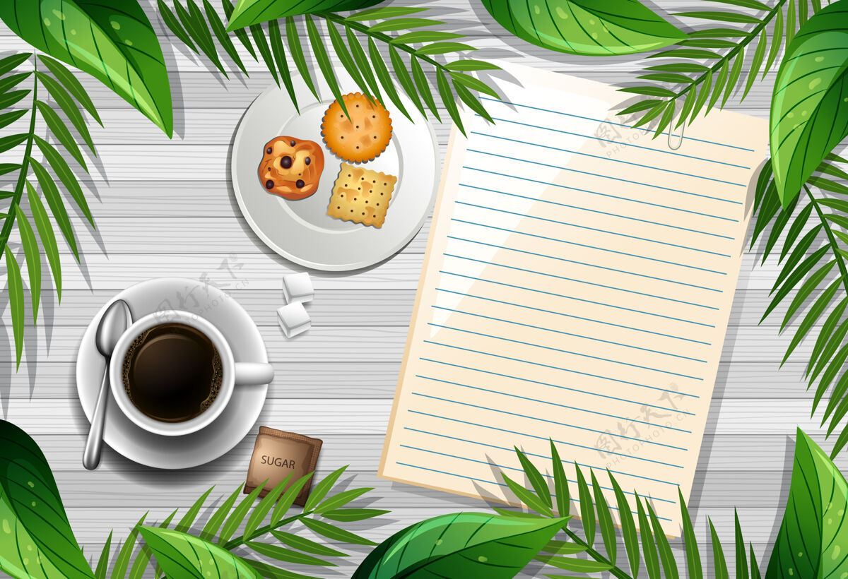 框架木桌顶视图 带有空白纸 一杯咖啡和树叶元素空白模板叶子