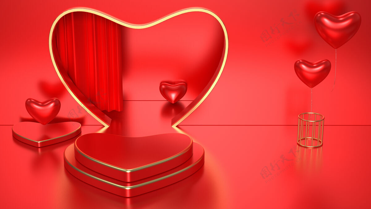 物体三维浪漫的红色渲染与心脏主席台模拟显示爱概念渲染