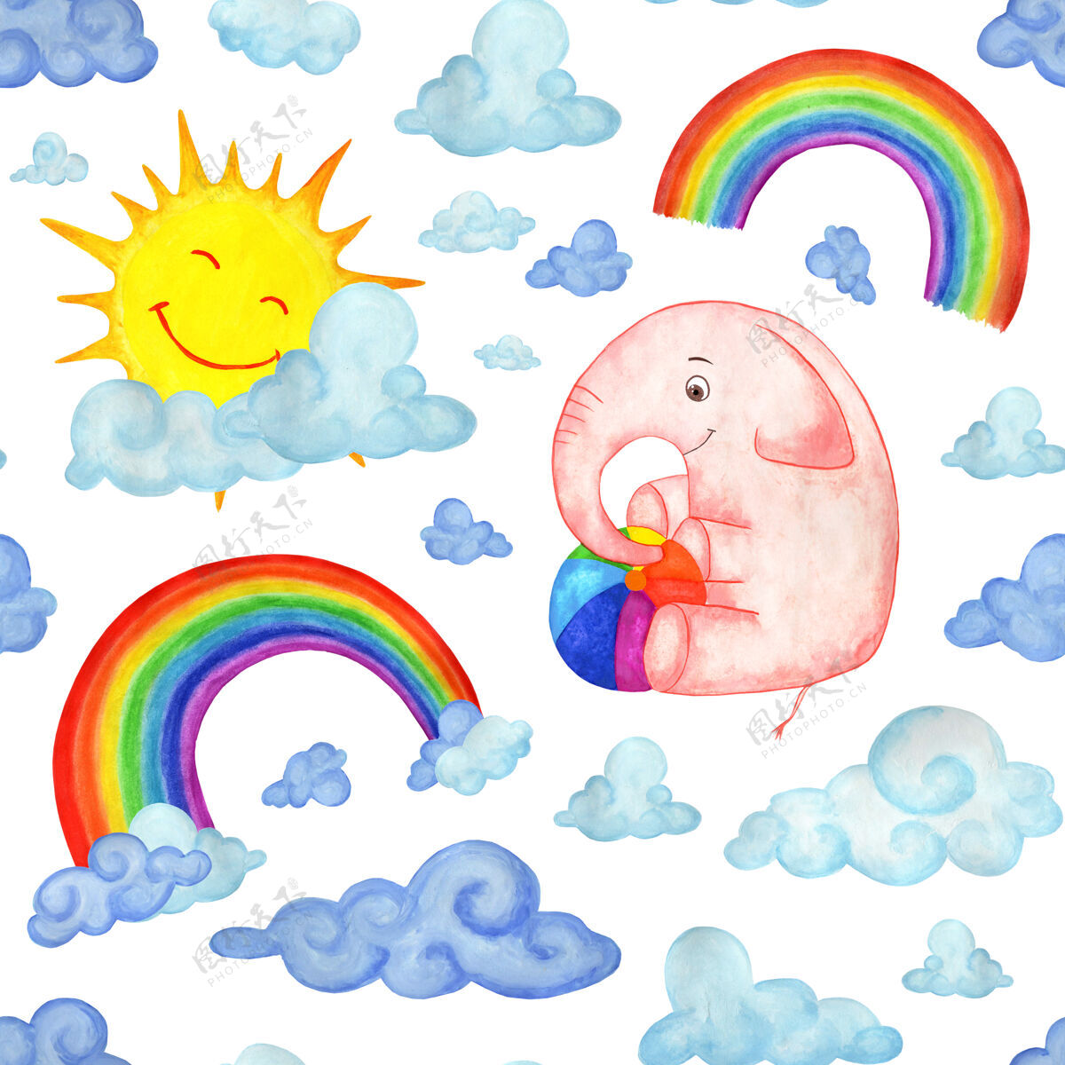 绘画水彩无缝图案粉红大象球 云 彩虹幻想婴儿童话