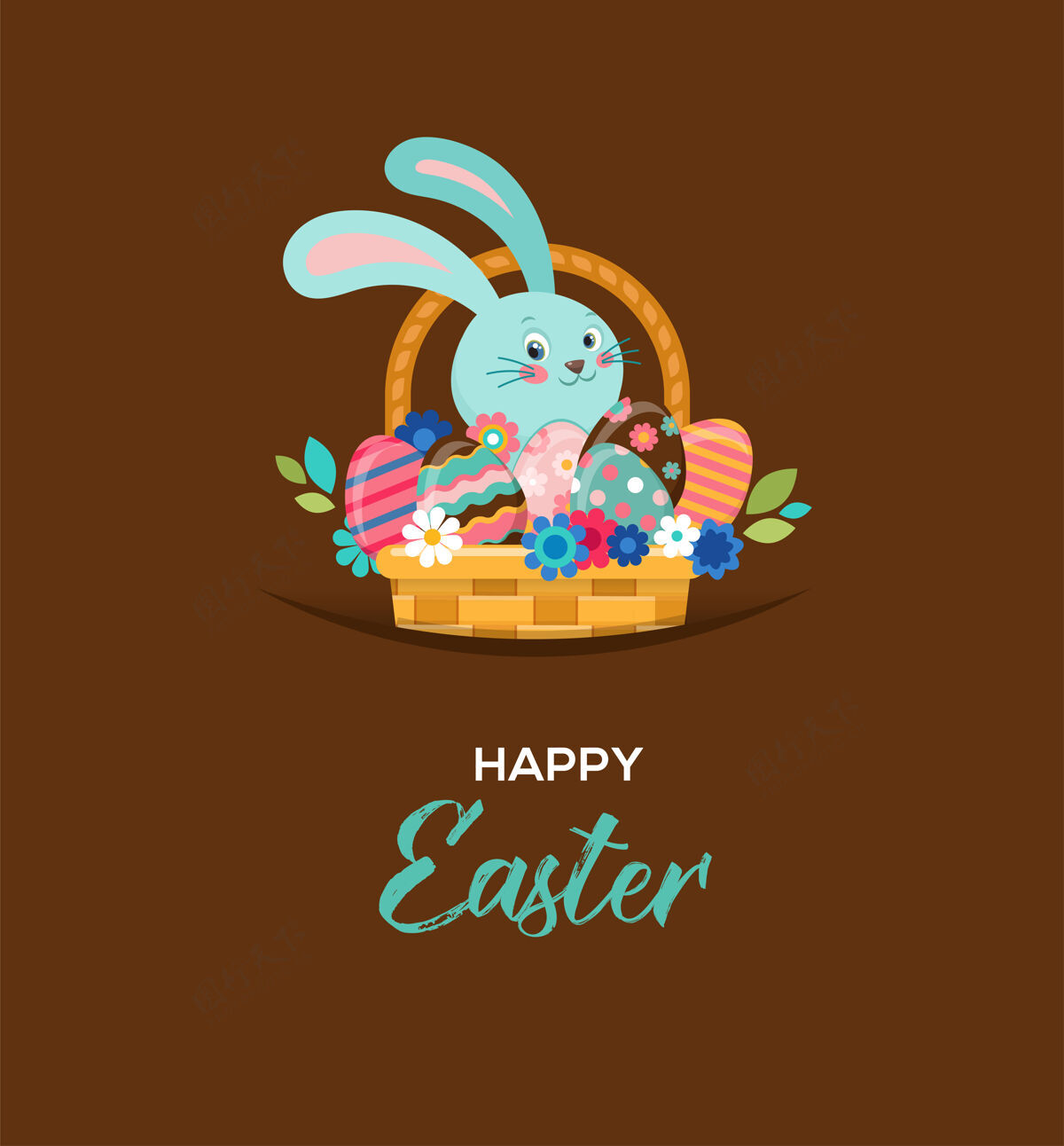 兔子复活节快乐贺卡 篮子里的兔子 鲜花和鸡蛋篮子鸡蛋复活节快乐