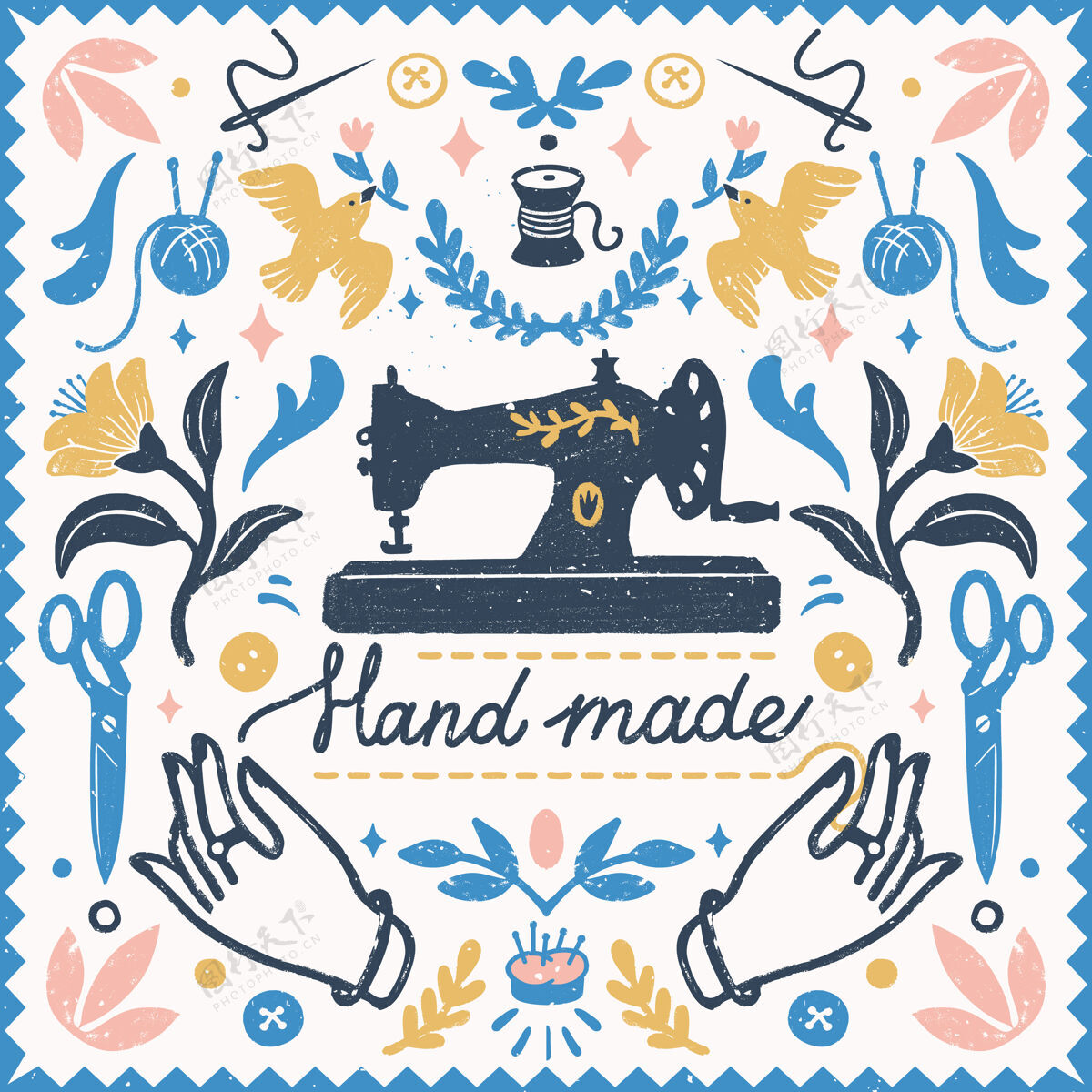 刺绣手工对称组成-邮票风格的复古元素和手工刻字的缝纫机手工艺品针织针