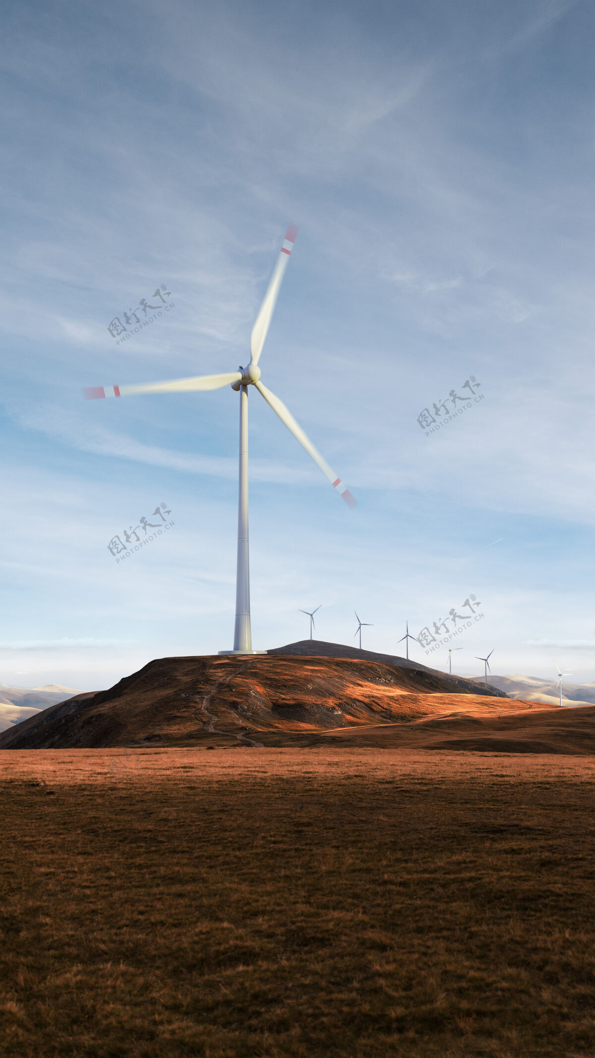 云田野上风力涡轮机的美丽景色景观风能量发生器设备环境天空