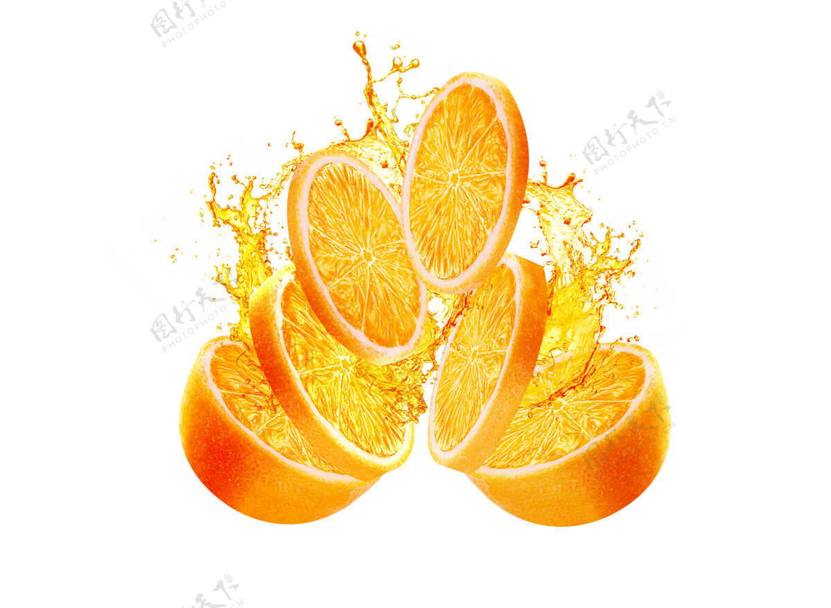 水漂亮的橘子片飞溅果汁橙子爆炸