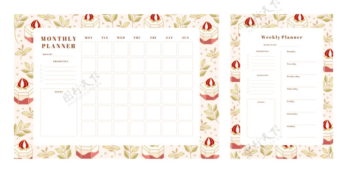 计划一套每周计划 每月计划 学校调度模板与手绘蛋糕 花卉 草莓元素计划每日待办事项列表