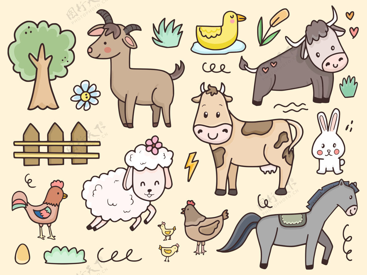 装饰品农场动物为孩子和婴儿设置插图画卡通兔子农场公牛