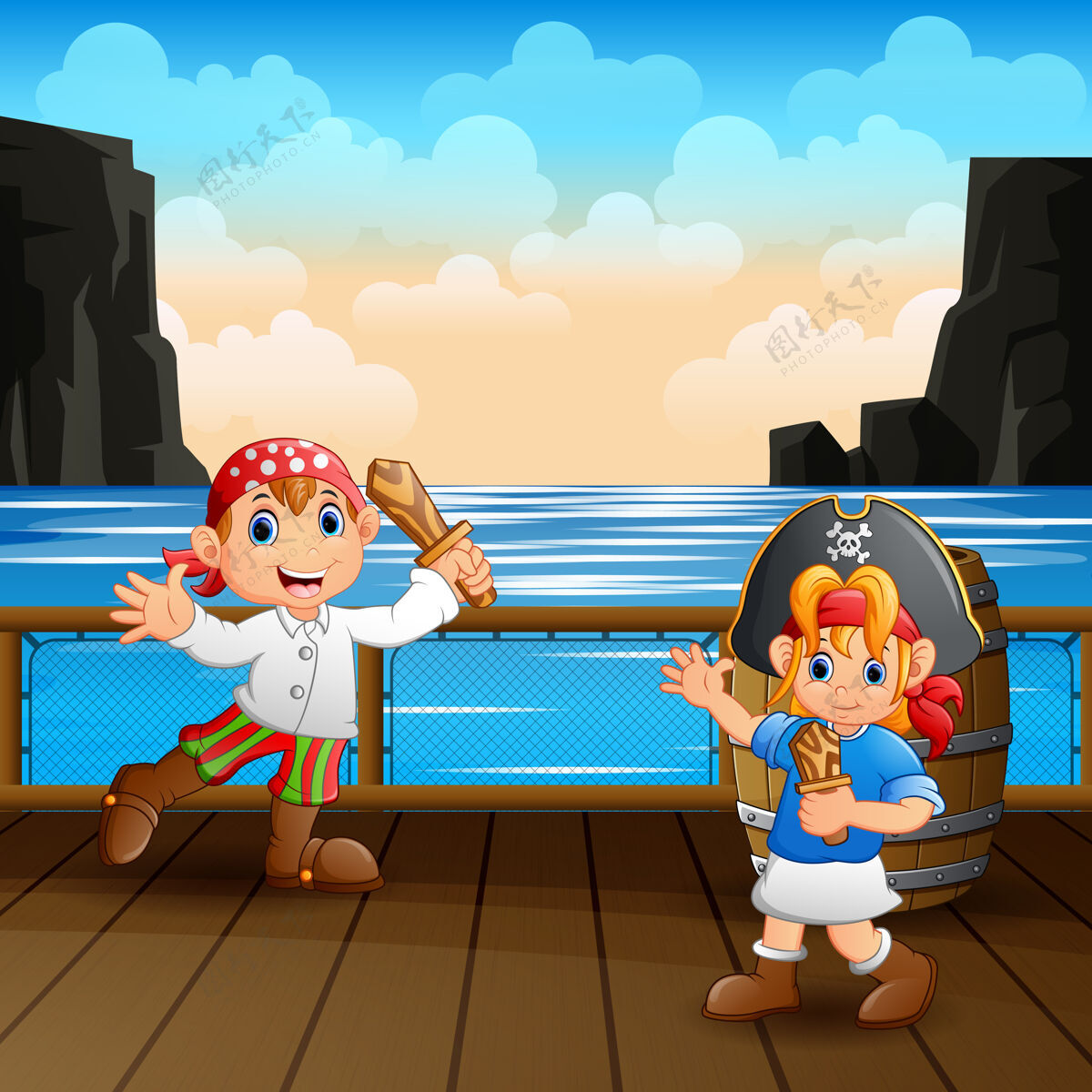 冒险快乐的海盗孩子在甲板上的插图风景卡通救生圈
