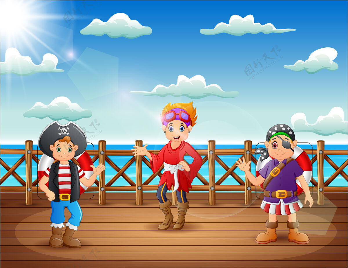 栅栏卡通海盗男女在一艘船的甲板上船长甲板自然