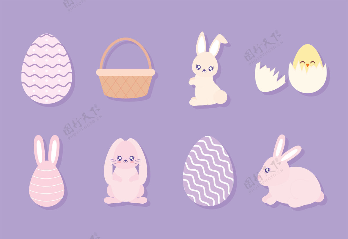 鸡蛋一套复活节图标的紫色背景矢量插图设计兔子插图多彩
