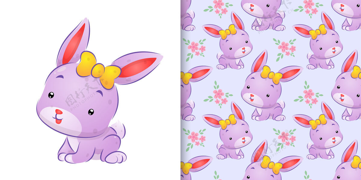 快乐无缝绘制彩色兔子与可爱的丝带在她的头插图插图极简主义微笑