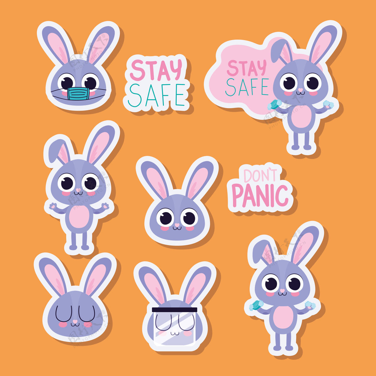 可爱一束可爱的糖果贴纸上的橙色背景矢量插图设计兔子兔子套装