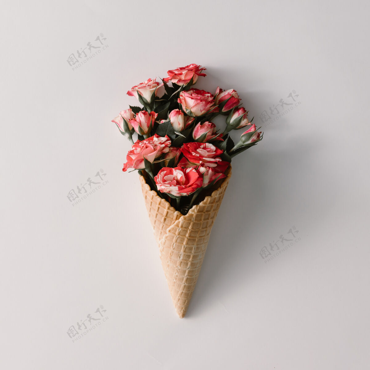 花雪糕筒 白色表面有五颜六色的花朵顶视图凝胶夏天