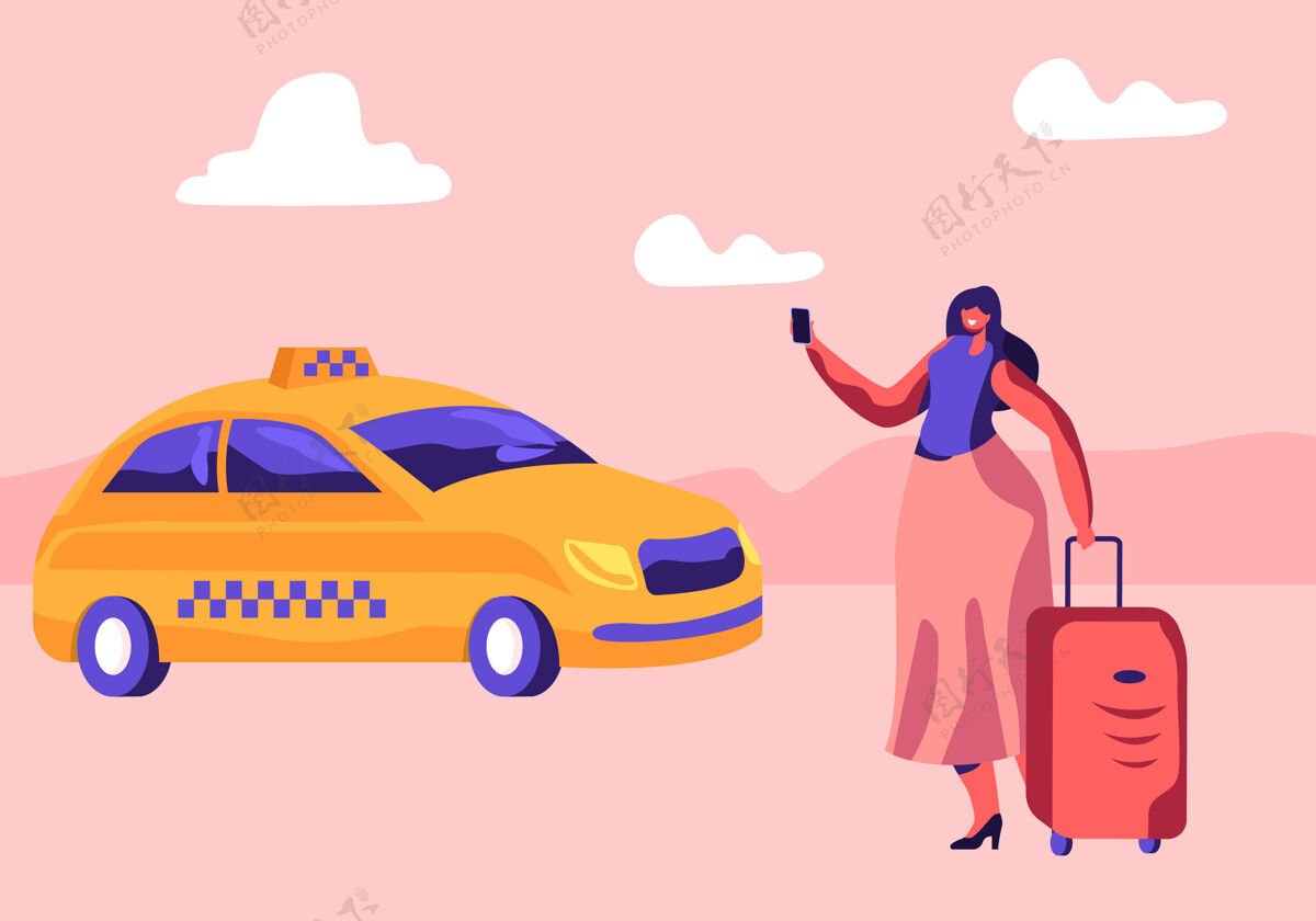 出租车带着行李站在街上打电话或使用应用程序点菜的年轻女子出租车.卡通平面插图来车商业