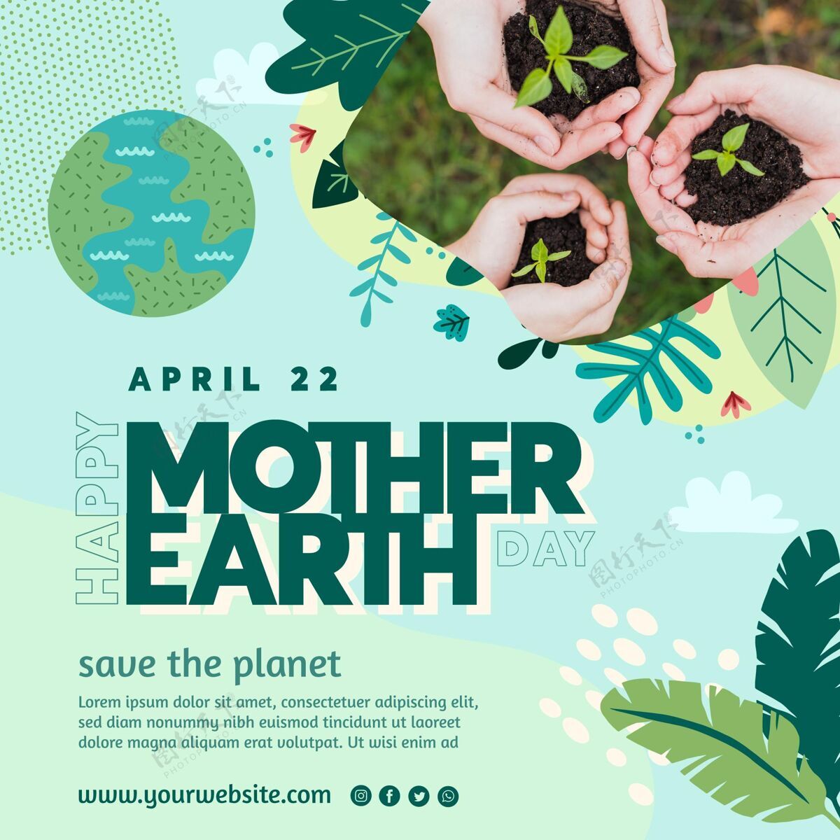 准备印刷地球母亲节庆祝方形传单模板地球气候变化全球变暖