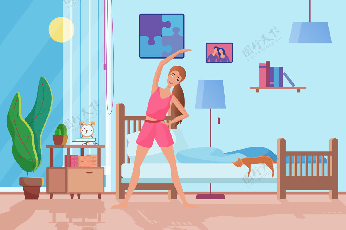 训练早操概念与女人在家做运动床室内睡眠
