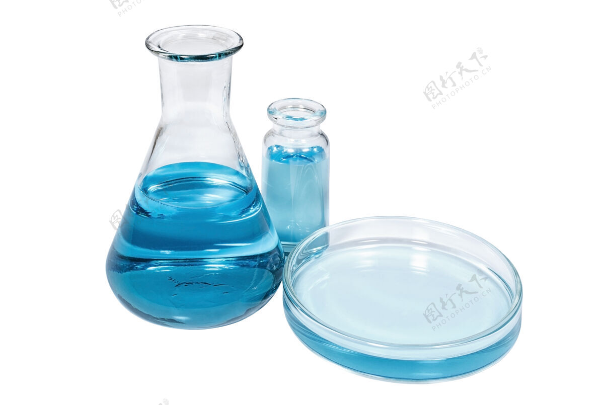烧瓶医疗小瓶 培养皿和蓝色液体灯泡流感药理学研究实验室