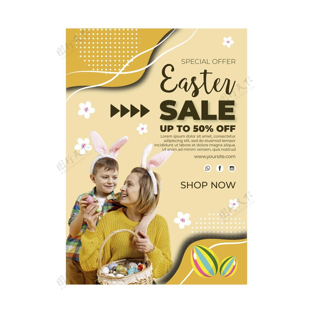 教垂直销售传单模板复活节彩蛋和家庭节日活动复活节彩蛋