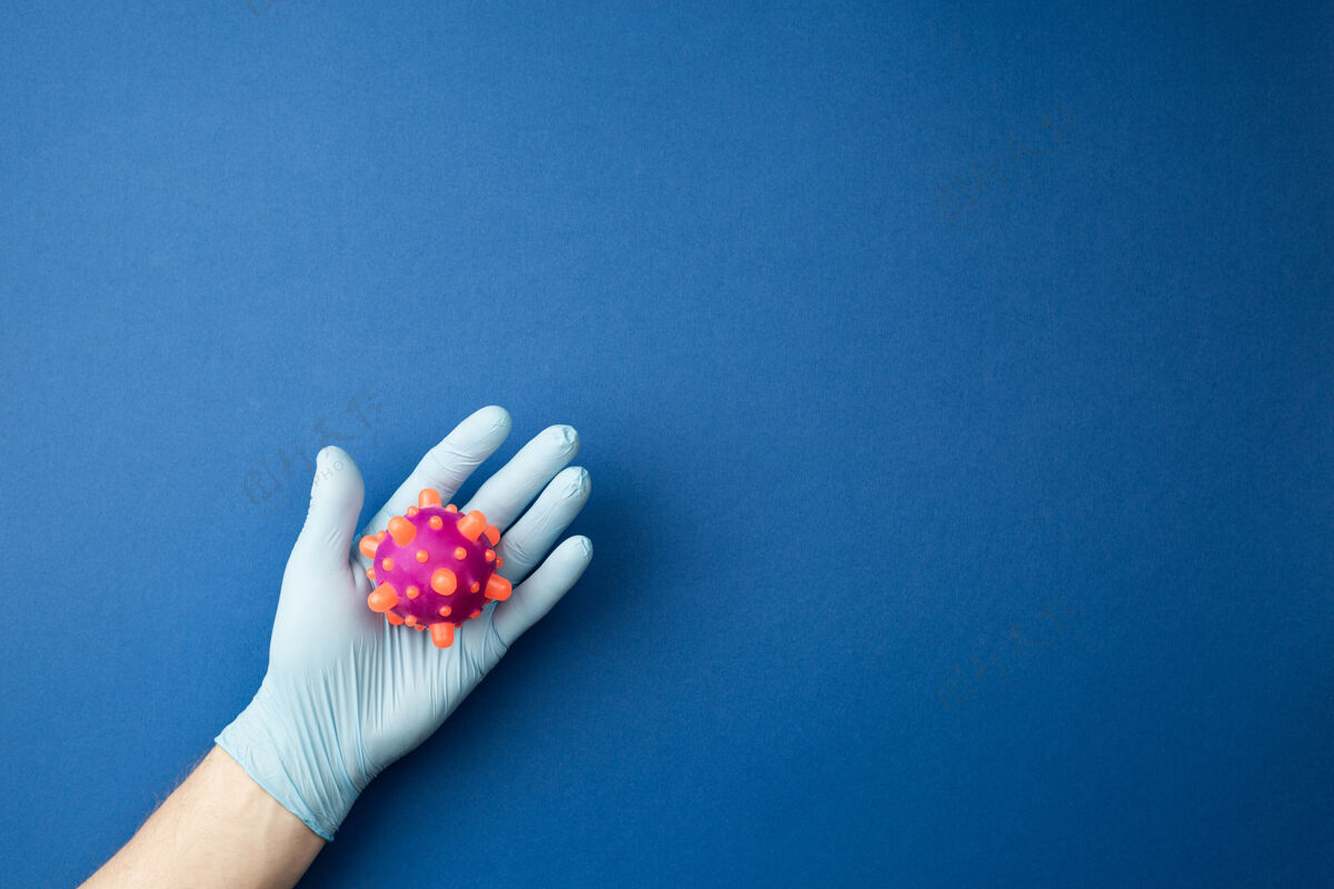 实验手在一个医学手套研究一个蓝色的分离病毒模型墙.大流行控制概念护理手指冠状病毒