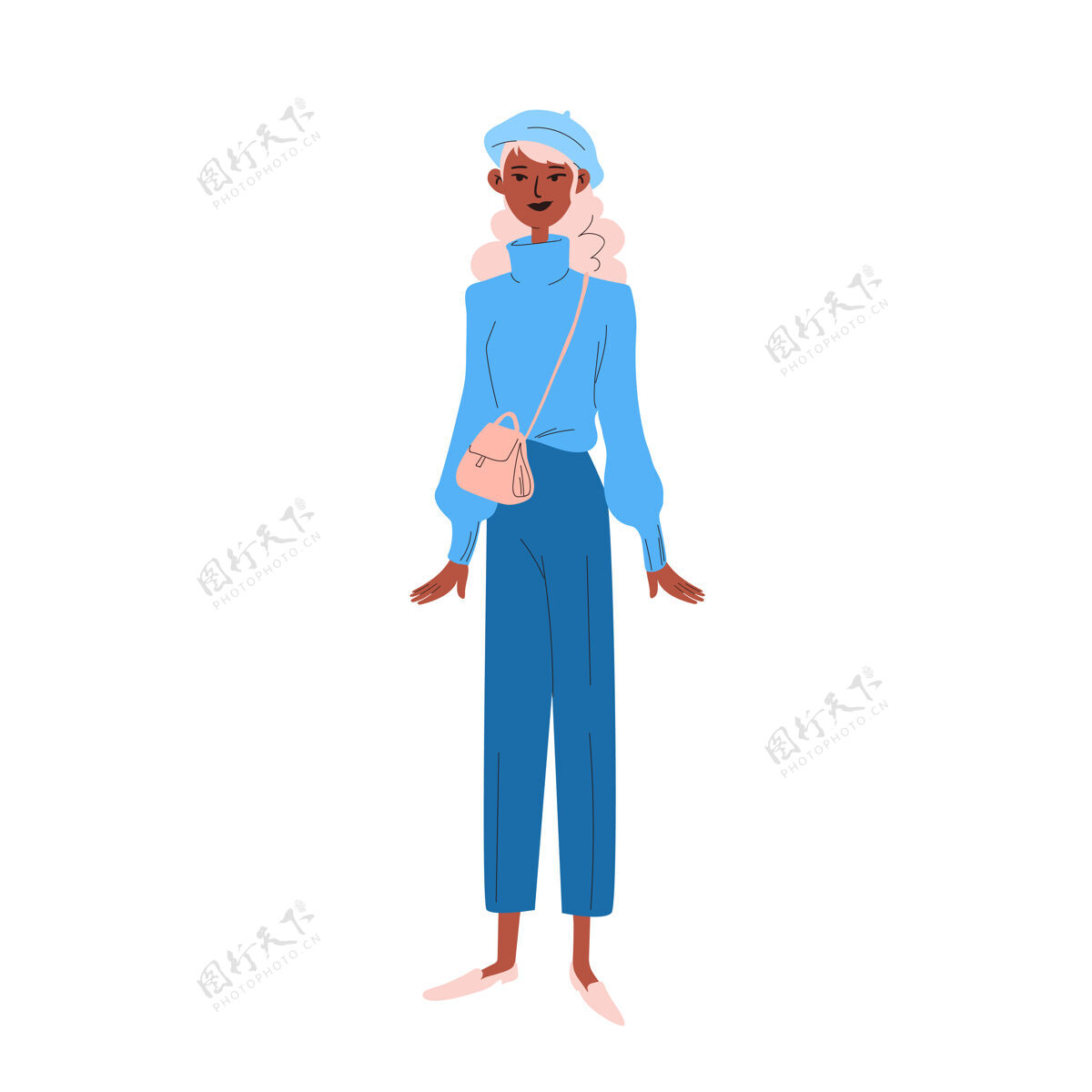 时尚一个穿着蓝色衣服的年轻女子 头戴贝雷帽 肩上挎着一个小手提包公寓休闲毛衣