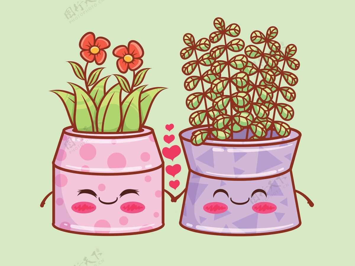 花盆可爱的夏日花盆卡通人物插图.情侣概念植物学开花浪漫