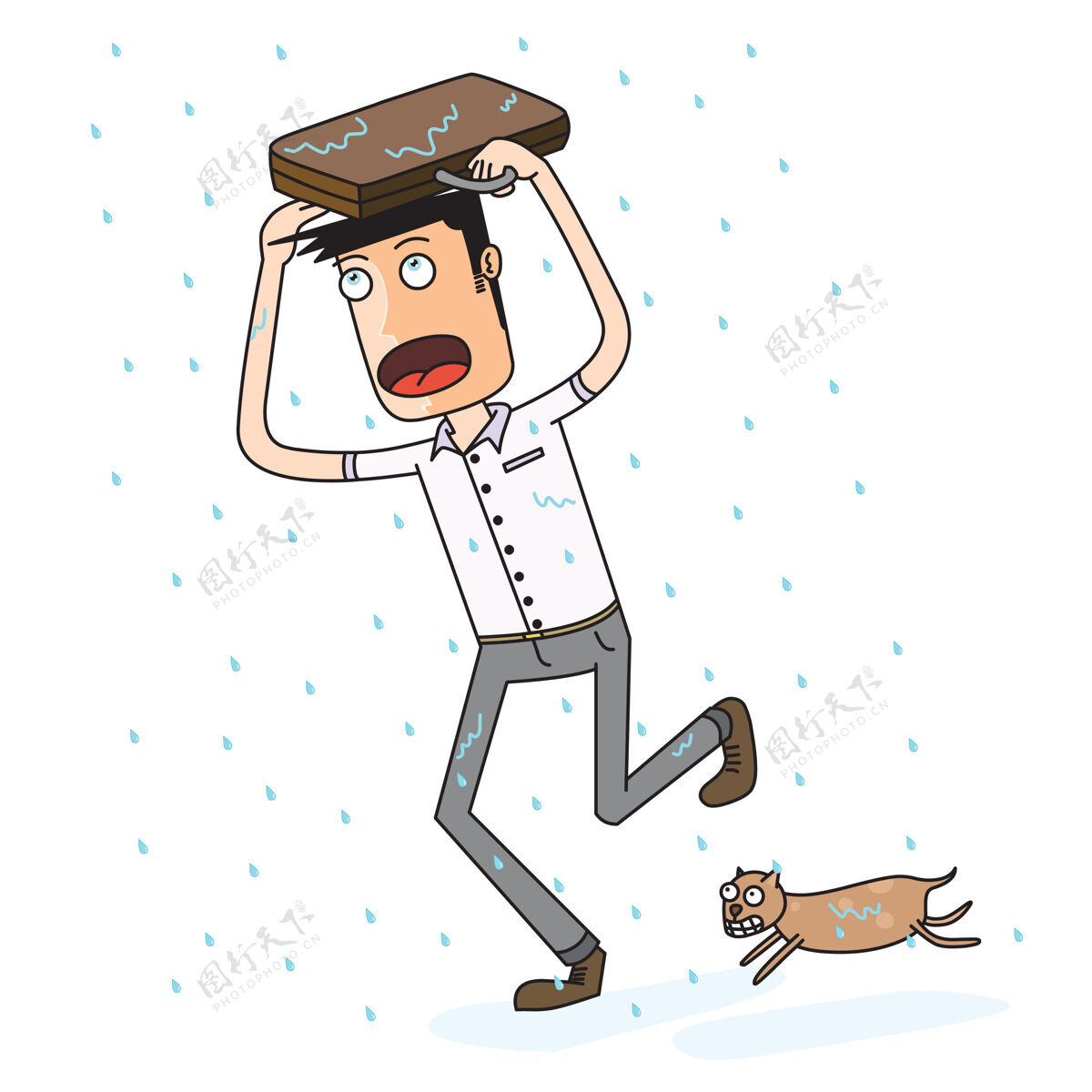 匆忙男人在回家的路上被雨淋湿了保护动物宠物