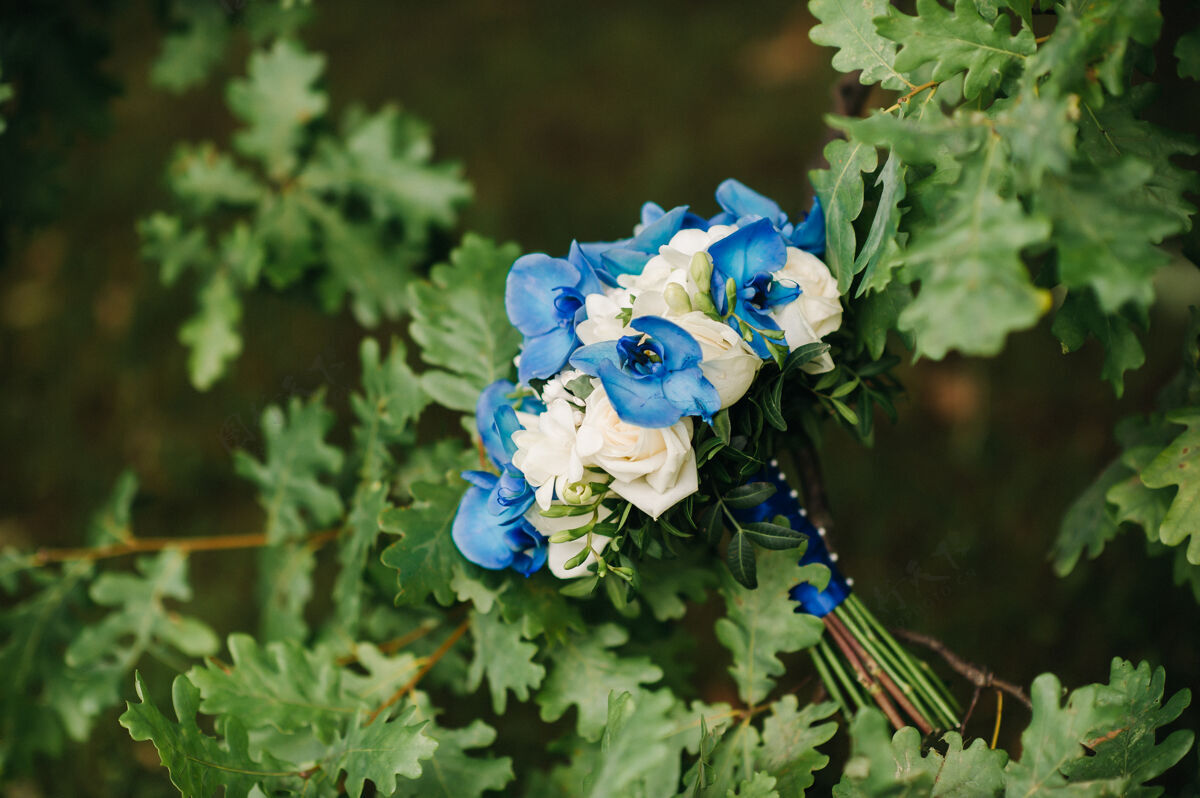 蓝色的花蓝色花朵的婚礼花束新娘的早晨白色服饰花卉