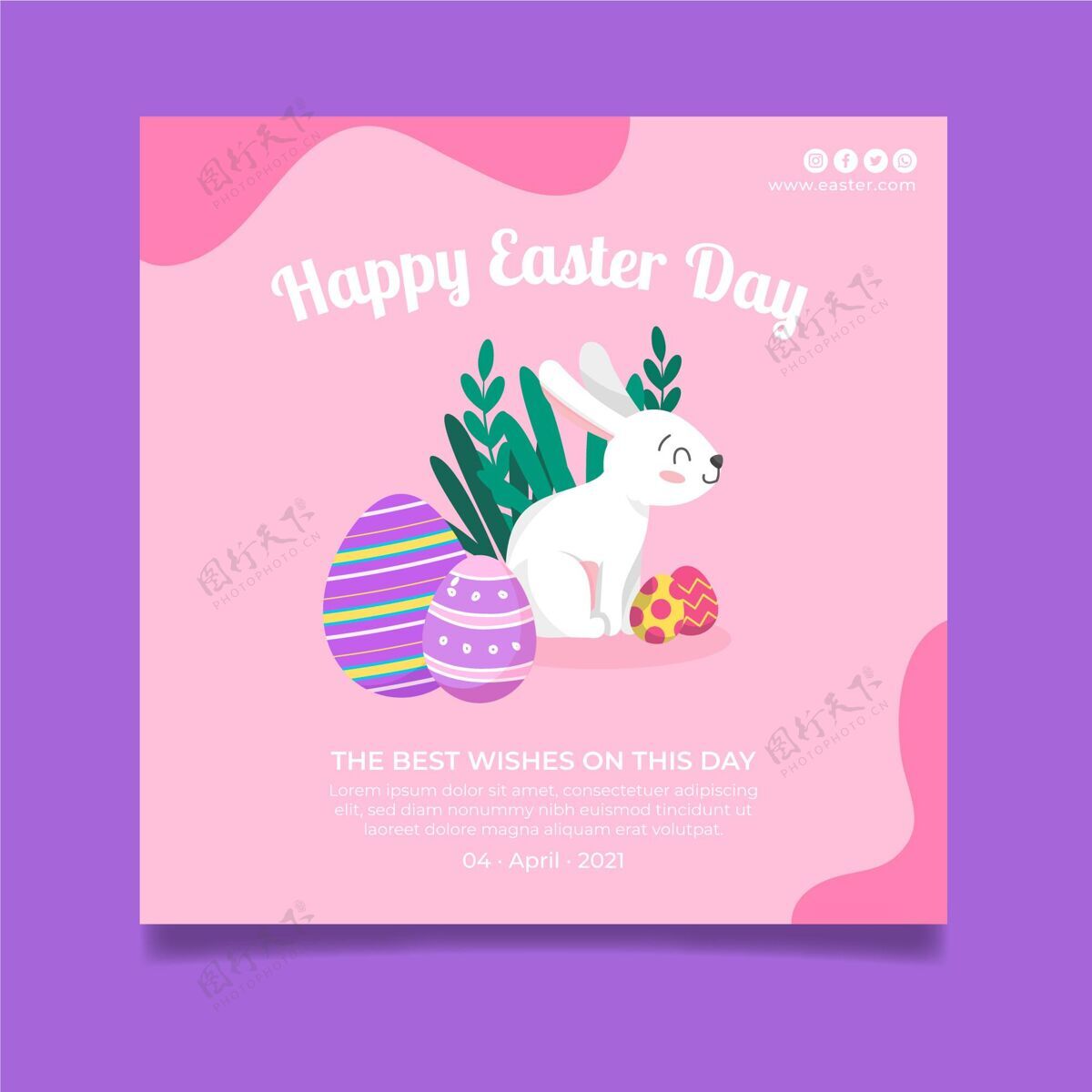 树叶复活节用兔子和鸡蛋的方形海报模板传单准备印刷春天