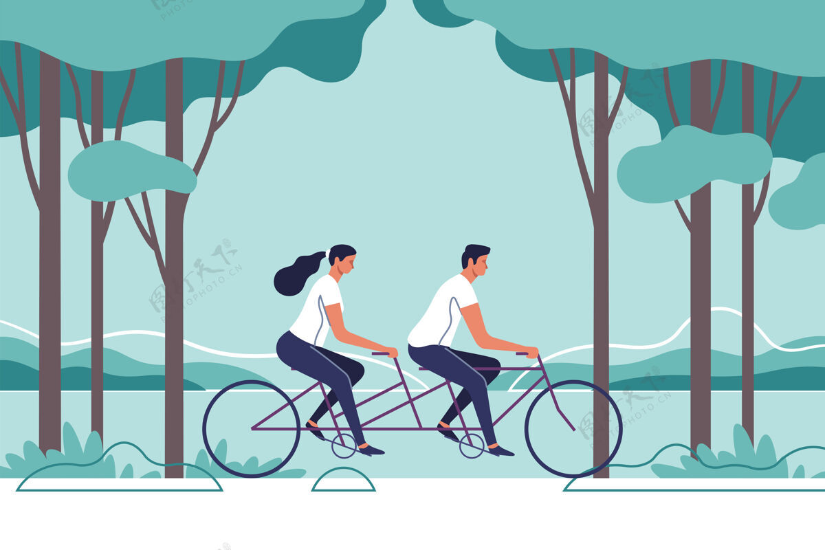 活跃这对夫妇骑着自行车在自然景观的背景上运动自然自行车手