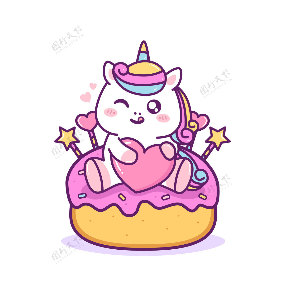 爱可爱快乐的独角兽坐在蛋糕上宠物吉祥物动物