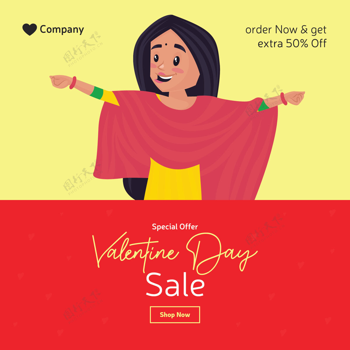 清除情人节销售横幅设计与旁遮普女孩卡通背景女士