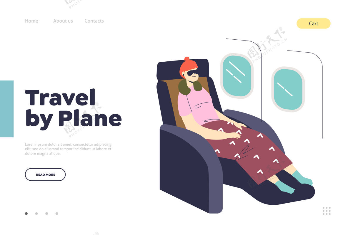 座位乘飞机旅行的概念登陆页和女人睡在飞机上旅游飞机旅游