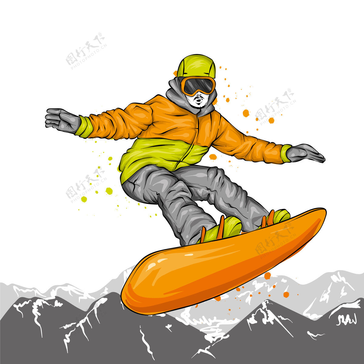 配件穿着时髦衣服的滑雪运动员板家伙跳跃
