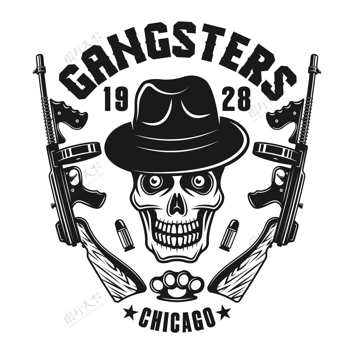 邪恶黑手党徽章戴着黑帮头骨戴着帽子和枪不法分子人类歹徒