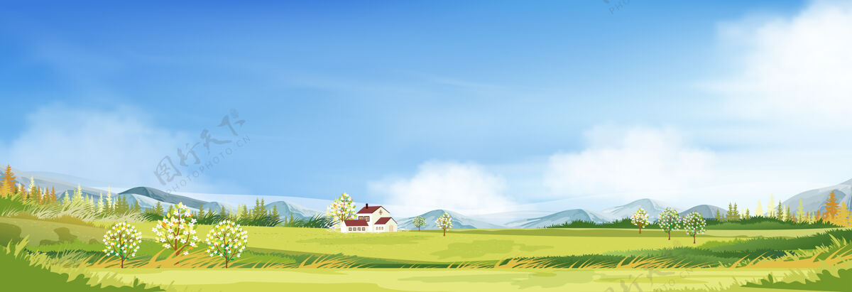 风景乡村春天的景色 农舍 山上的草地 蓝天白云田野草全景