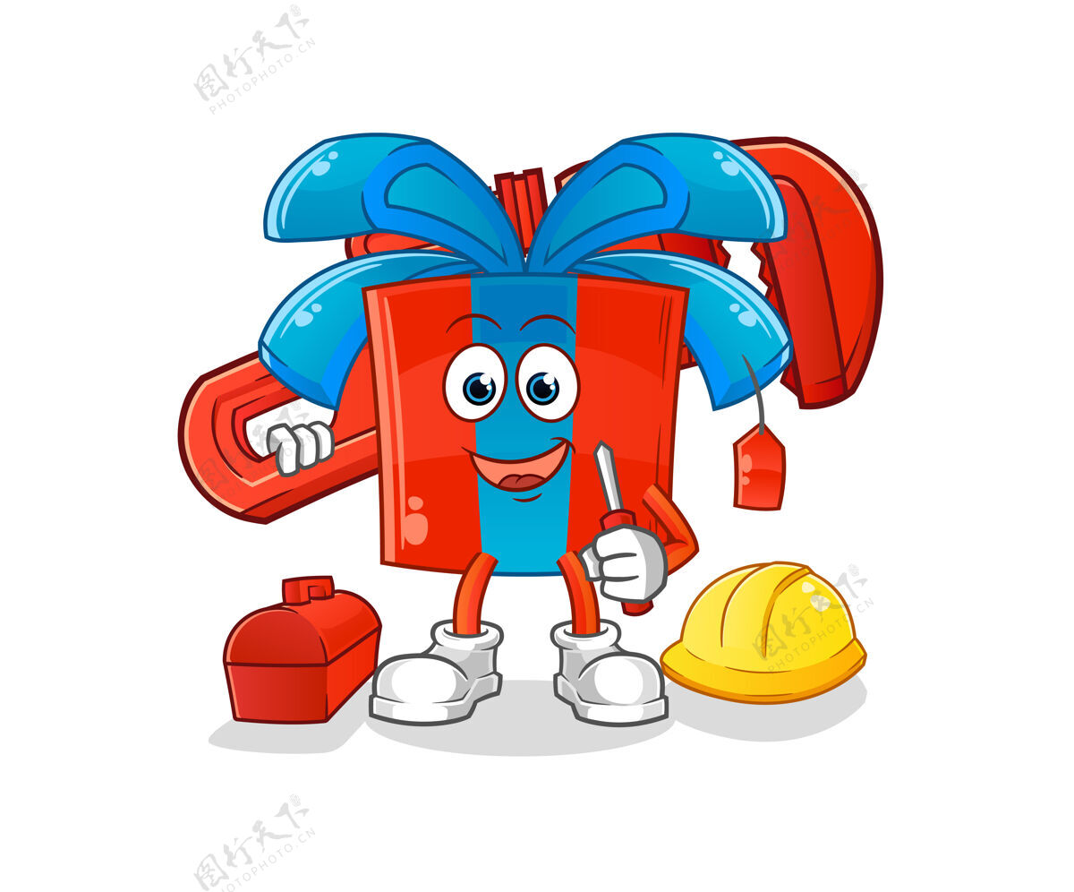 礼物礼品管道工卡通卡通!礼品 盒子 卡通 建筑 面子 工作 礼物 修理 吉祥物 专业人士 水管工 水管工 修理工 修理工