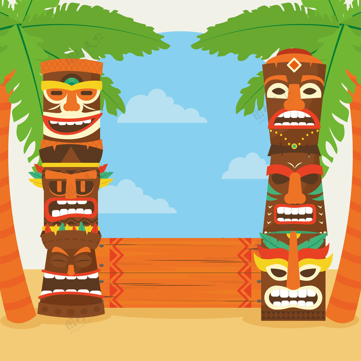 面具Tiki卡通用棕榈树和云朵设计夏威夷热带主题插画提基雕像异国情调