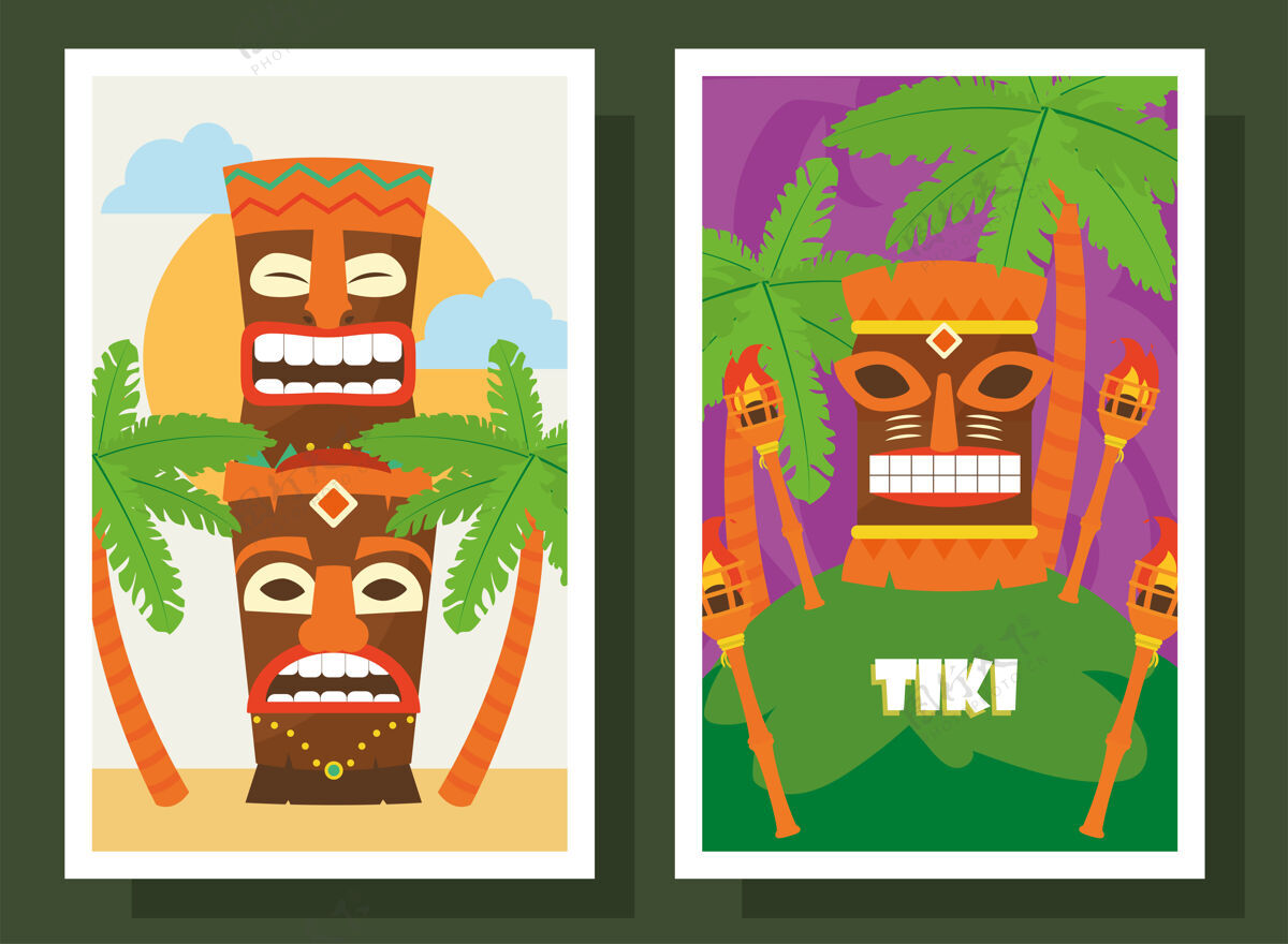 棕榈提基卡通与棕榈树标签设计夏威夷热带插画雕像热带面具