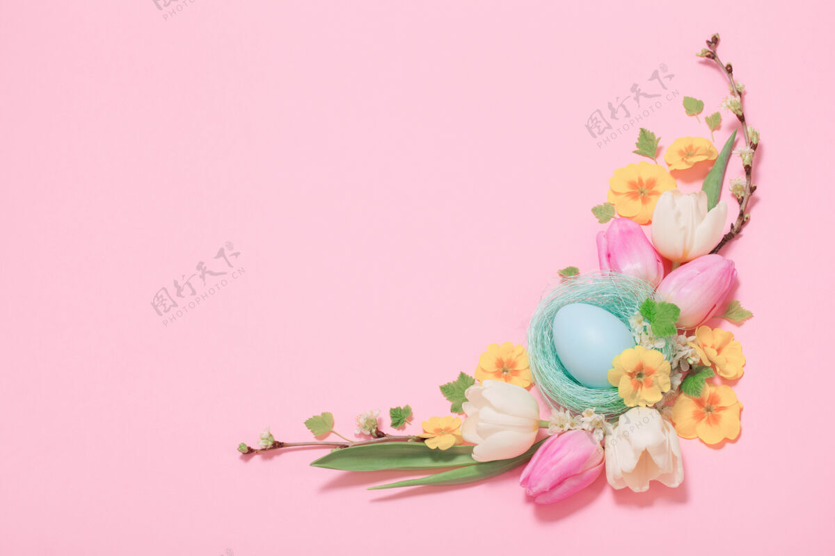 食物粉色背景上的复活节彩蛋和春花郁金香自然粉彩