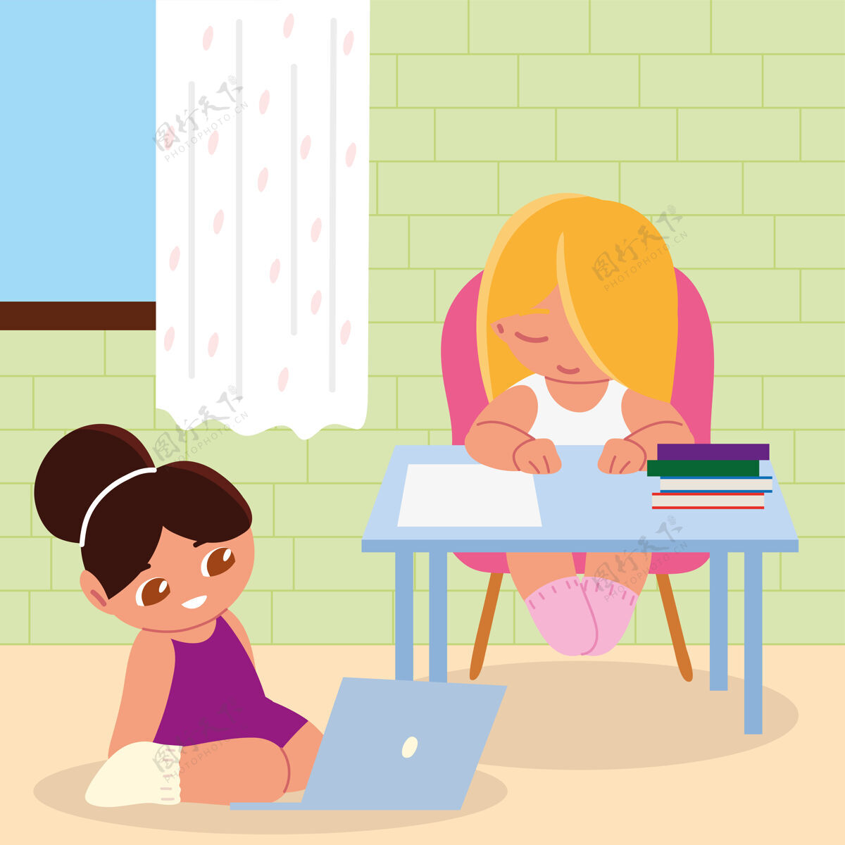 学生带着笔记本电脑在家学习的女孩和孩子们课程房子家庭作业