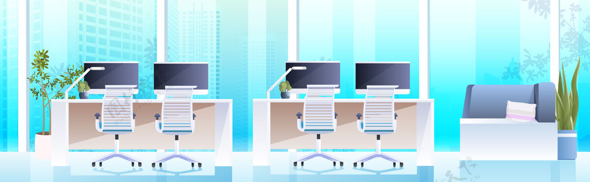 扶手椅开放空间协同工作中心工作场所配备电脑显示器现代橱柜室内办公室配备水平家具教育房子桌面