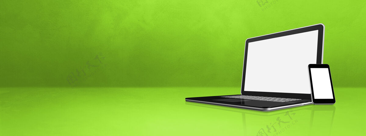 3d笔记本电脑和手机放在绿色办公桌横幅上互联网横幅场景