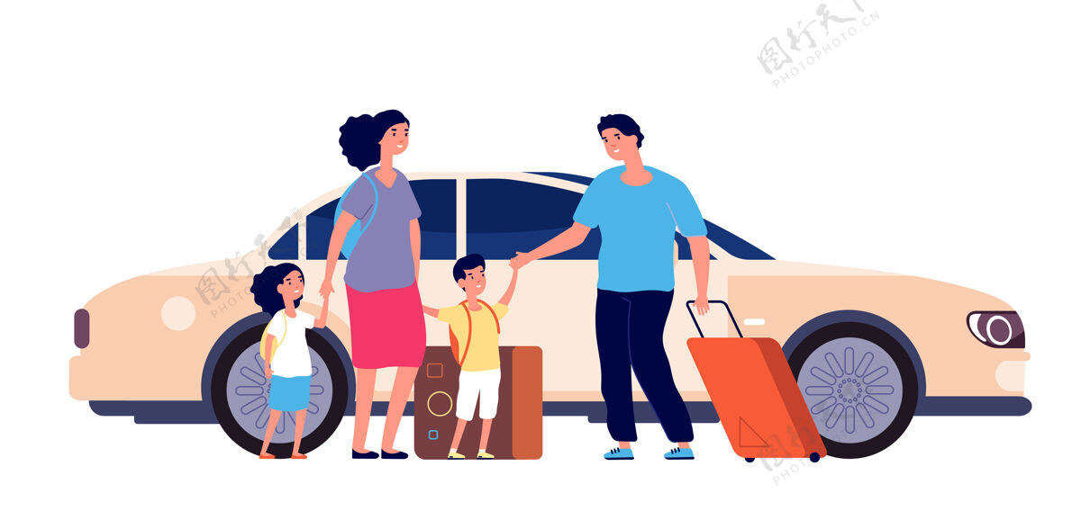 汽车快乐旅行家庭行李 夏日快乐之旅度假乘客年轻