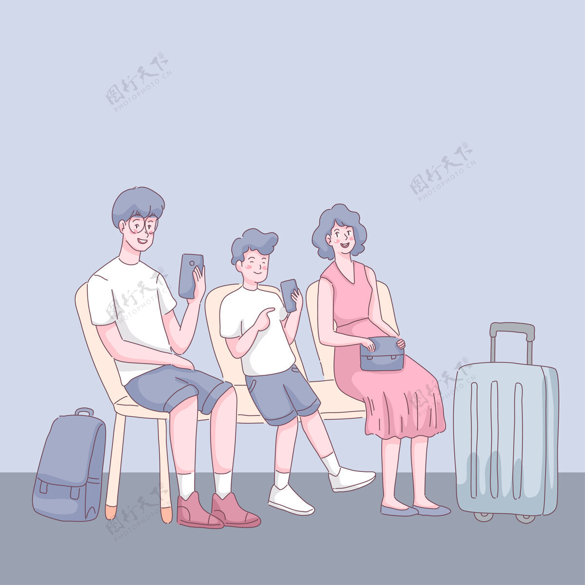 年轻旅客家属坐在机场候机室 父子俩用手机尽情享受phone.illustration平展的风格坐着旅游儿子