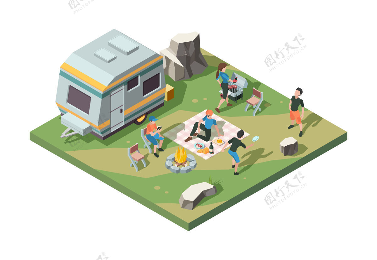 聚会户外野餐会 有火炉 帐篷 烧烤和货车风景一起吃饭草地